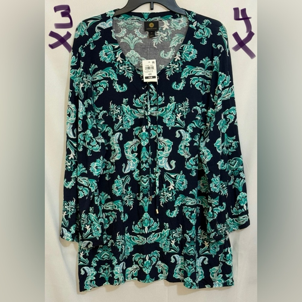 JM Collection Turquoise and Black Floral Tunic